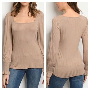 MADE IN USA COCOA RIBBED SQUARE NECK L/S TOP